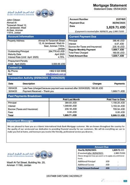 Download Jordan Islamic International Arab Bank mortgage statement Word and PDF template Photoshop template